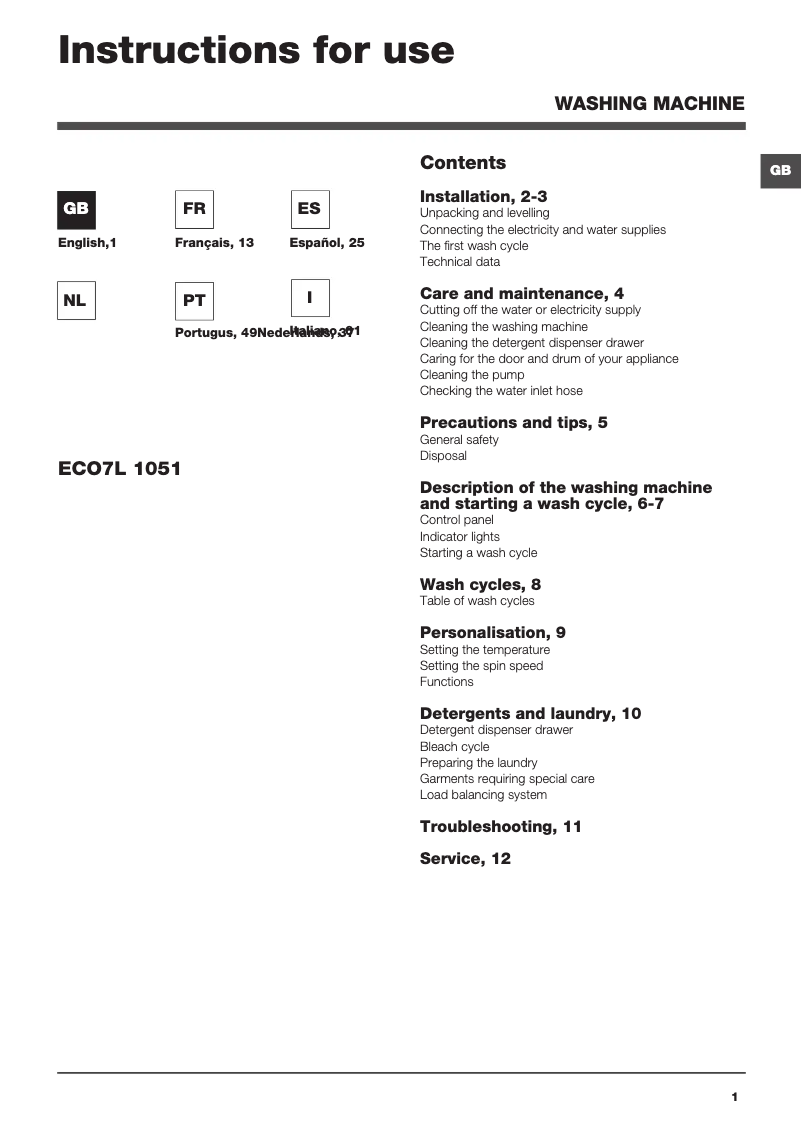 Page n°1 - Manuel utilisateur Hotpoint Ariston ECO7L 1051 (EU).T