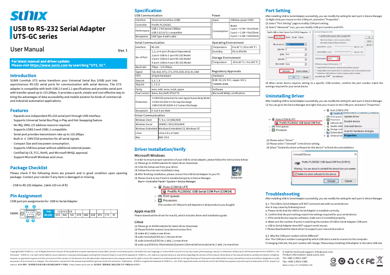 Page n°1 - Manuel utilisateur Sunix UTS1009GC