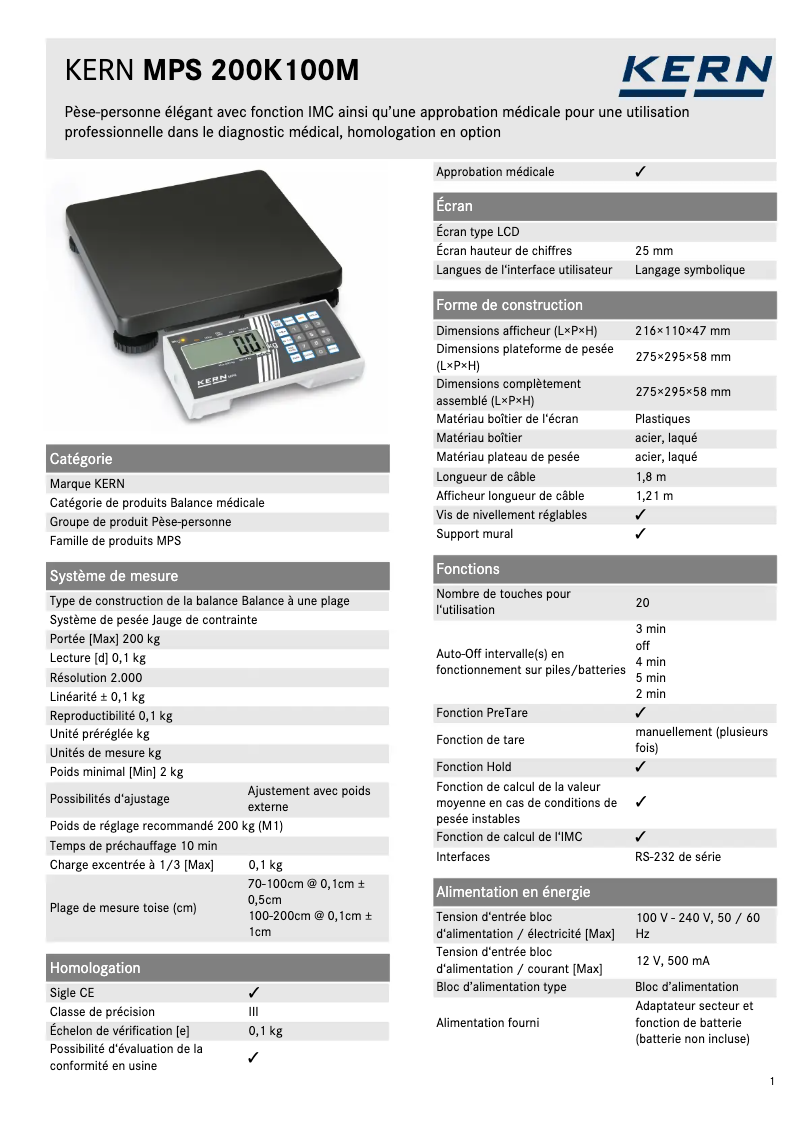 Page 1 de la notice Fiche technique Kern MPS 200K100NM