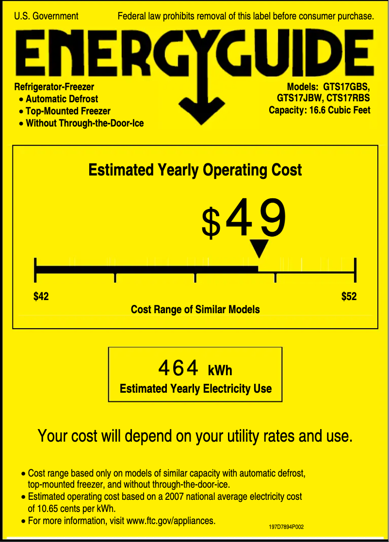 Page 1 de la notice Label énergétique GE GTS17JBWBB