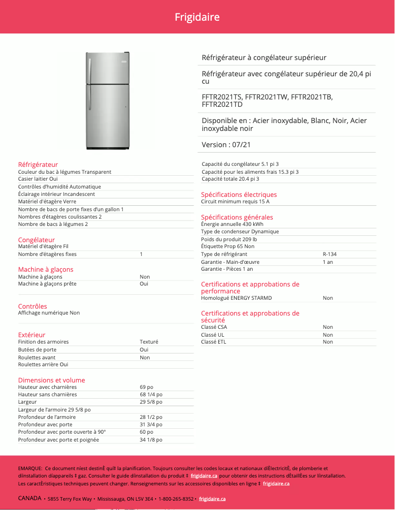 Page n°1 - Fiche technique Frigidaire FFTR2021TB