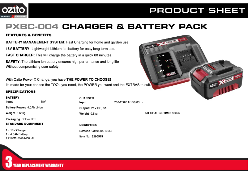 Página 1 del manual Ficha técnica Ozito PXBC-004