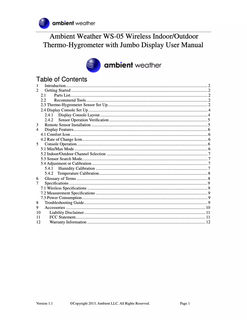 Page n°1 - Manuel utilisateur Ambient Weather WS-05