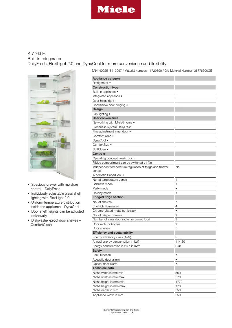 Page n°1 - Fiche technique Miele K 7763 E