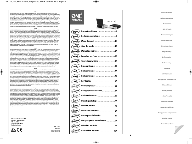 Page n°1 - Manuel utilisateur One for all SV 1730