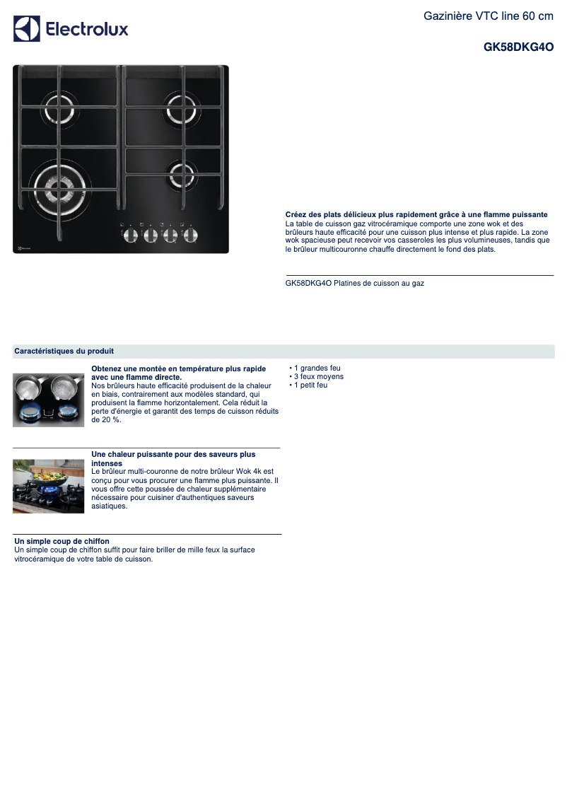 Page 1 de la notice Fiche technique Electrolux GK58DKG4O