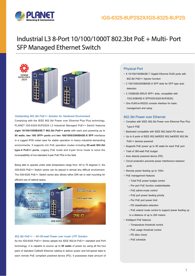Page 1 of the manual Technical Sheet Planet IGS-6325-8UP2S
