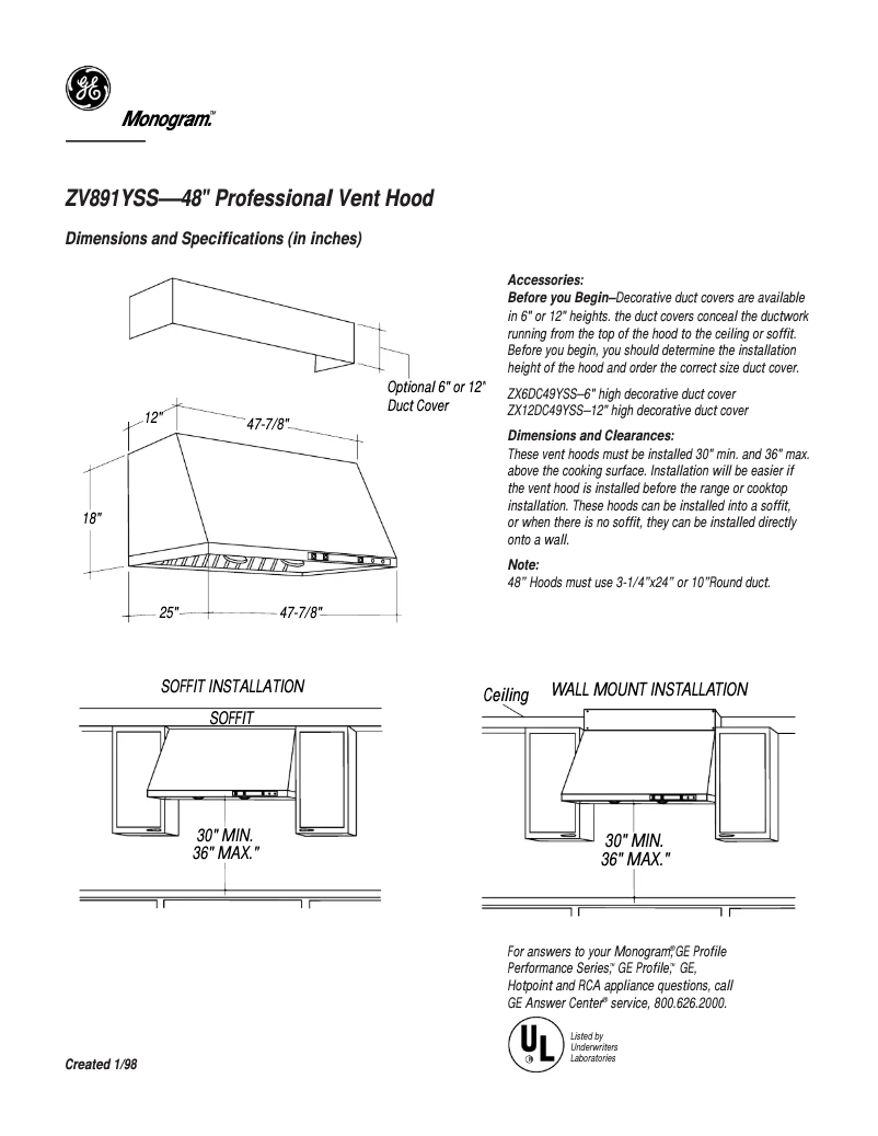 Page 1 de la notice Fiche technique GE ZV891YSS