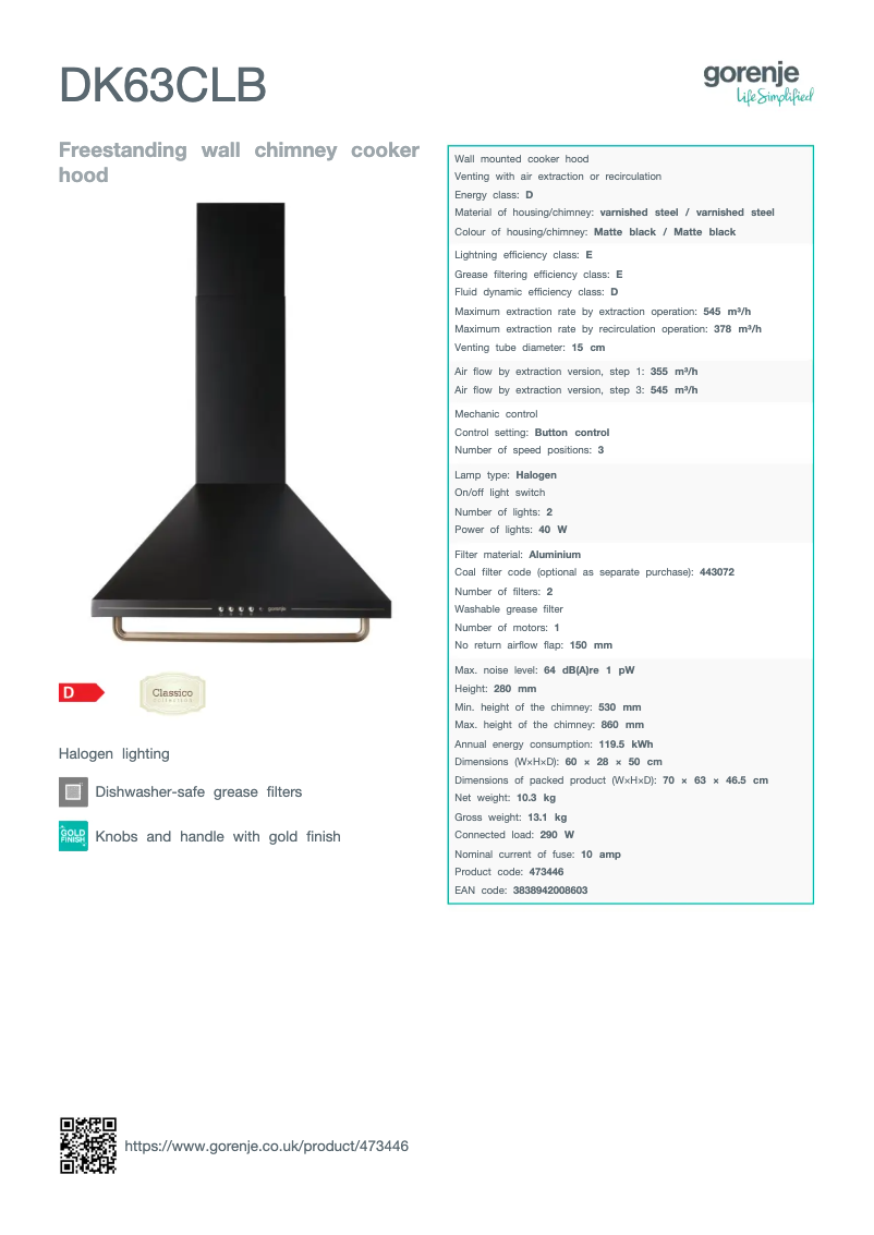Page 1 de la notice Fiche technique Gorenje DK63CLB