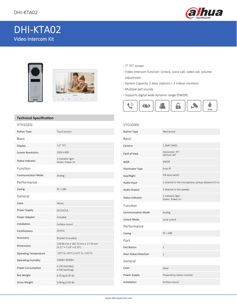 Page 1 de la notice Fiche technique Dahua Technology KTA02