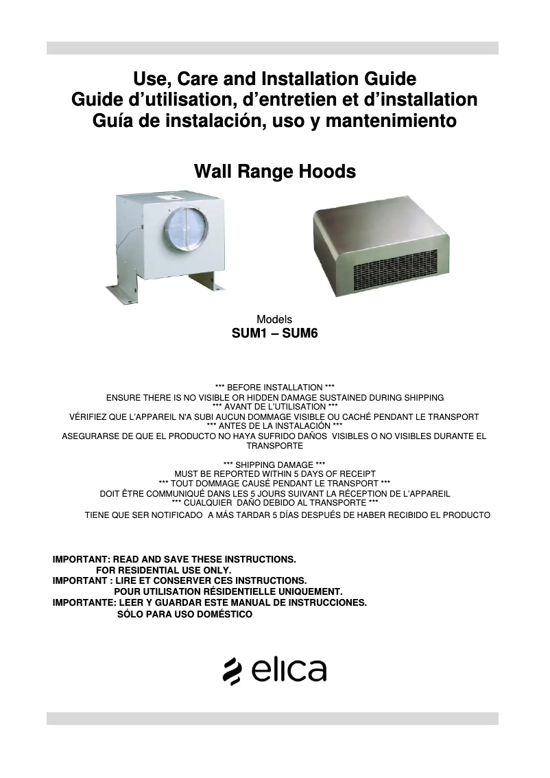 Página 1 del manual Guía de instalación Elica Siena PRF0116556B