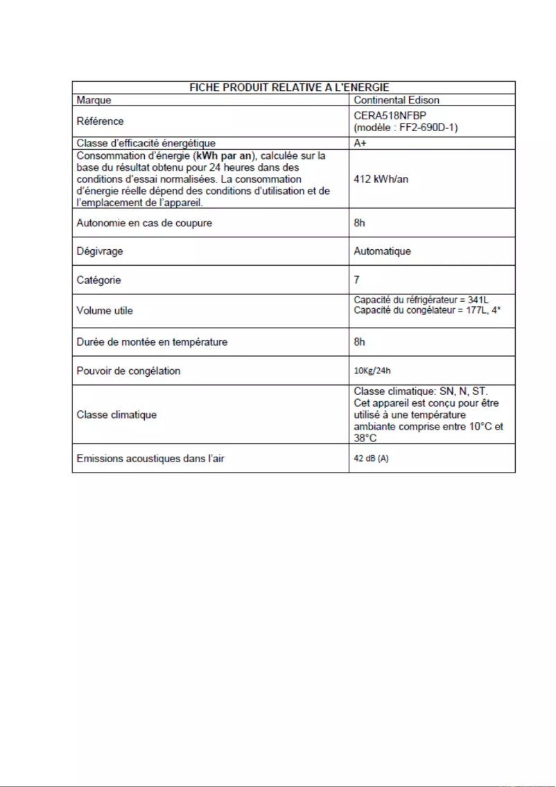 Page n°1 - Label énergétique Continental Edison CERA518NFBP