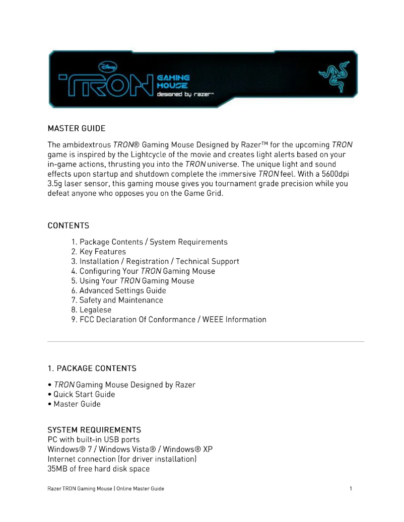 Page 1 de la notice Manuel utilisateur Razer TRON