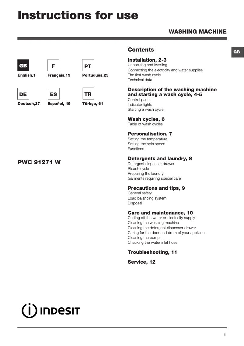 Page 1 de la notice Manuel utilisateur Indesit PWC 91271 W (EU)