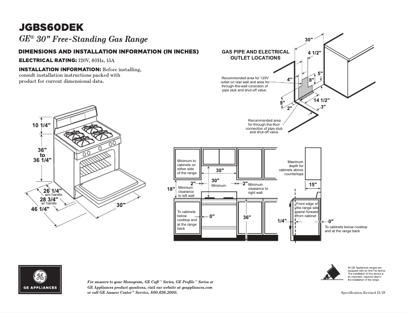 Page 1 of the manual Technical Sheet GE JGBS60DEKWW