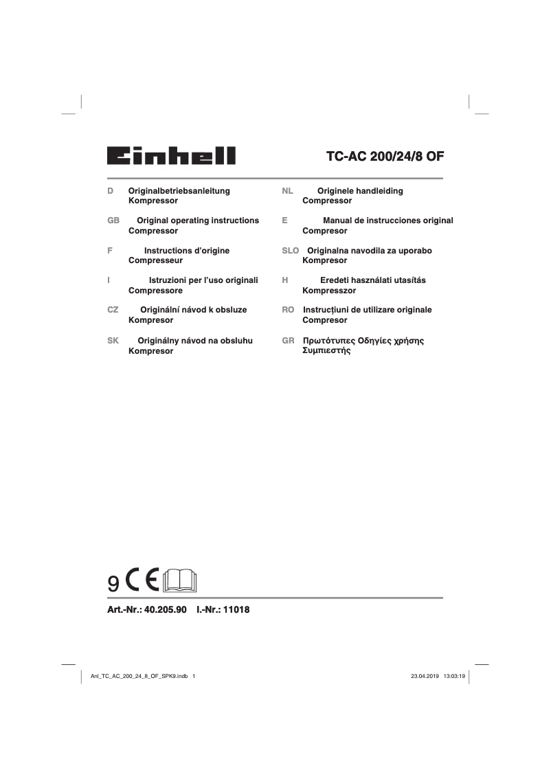 Page 1 de la notice Manuel utilisateur Einhell TC-AC 200/24/8 OF