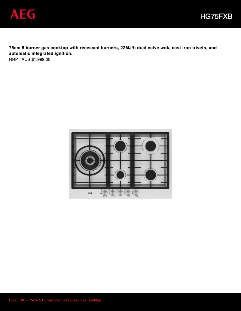 Page 1 de la notice Fiche technique AEG HG75FXB