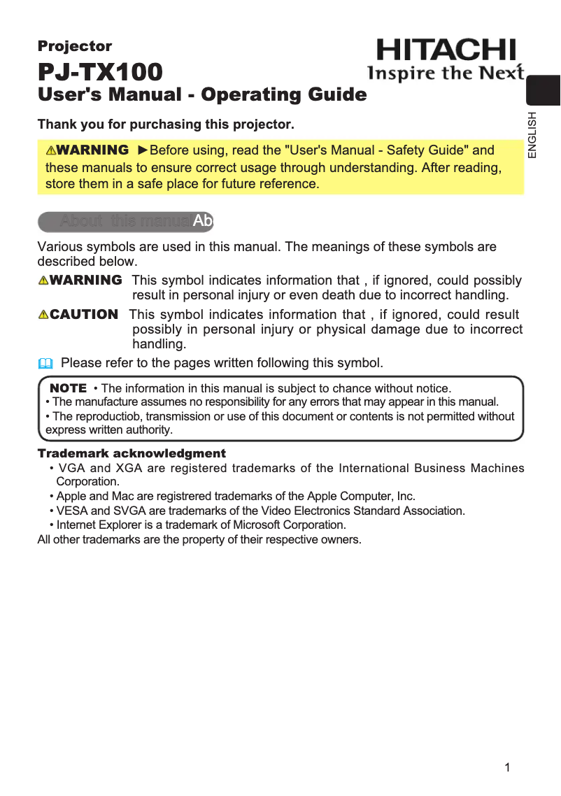 Image de la première page du manuel de l'appareil PJ-TX100