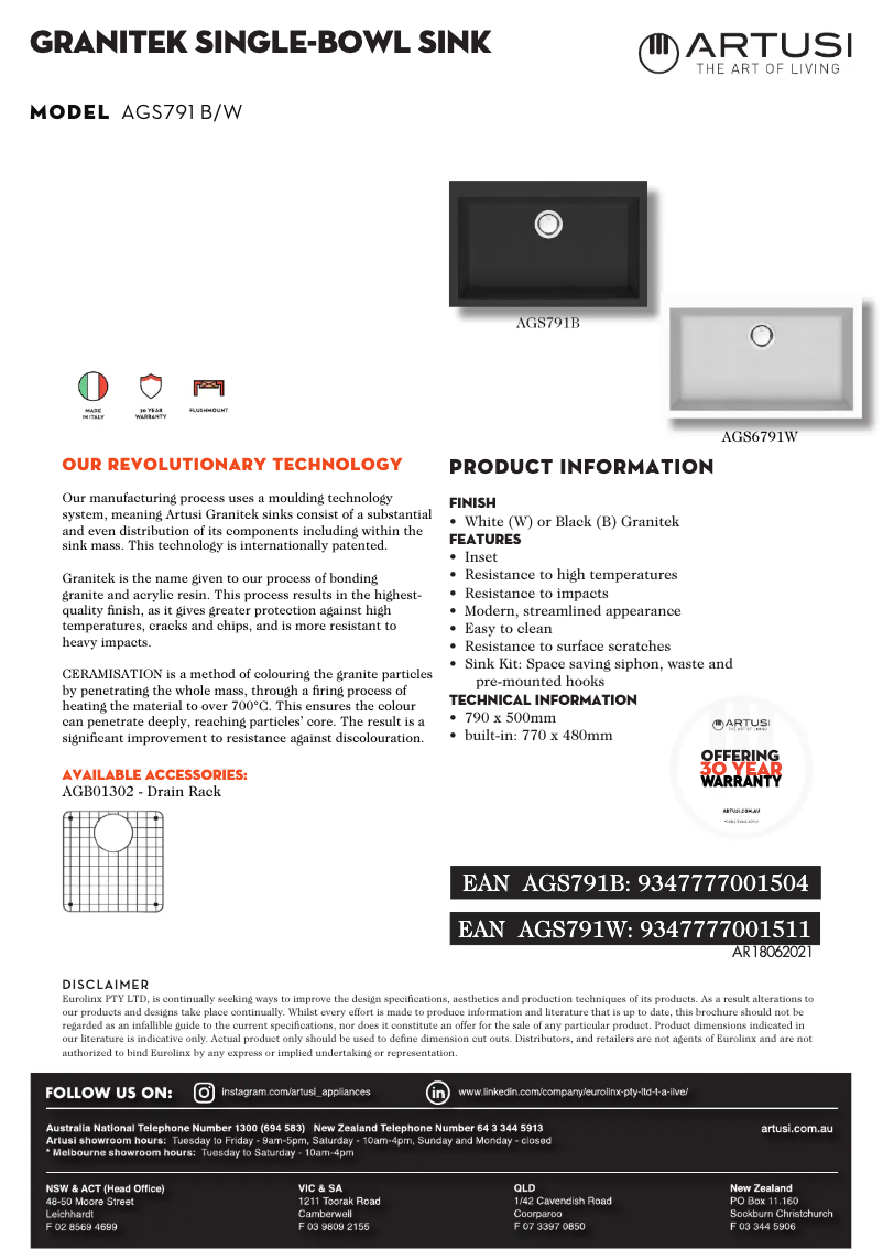Page 1 de la notice Fiche technique Artusi AGS791B