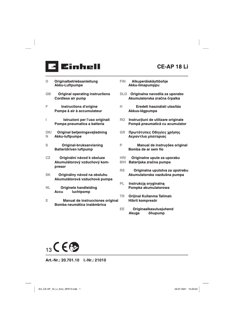 Page n°1 - Manuel utilisateur Einhell CE-AP 18 Li-Solo