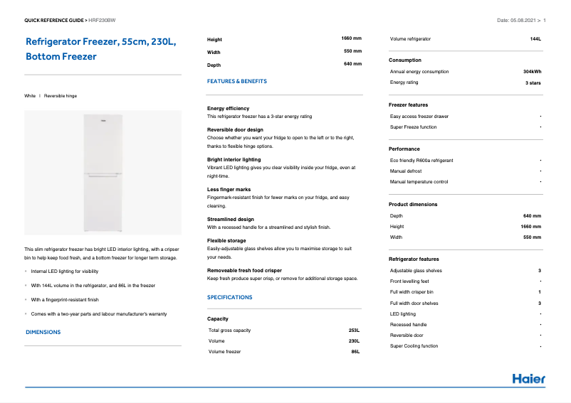 Page n°1 - Manuel utilisateur Haier HRF230BW