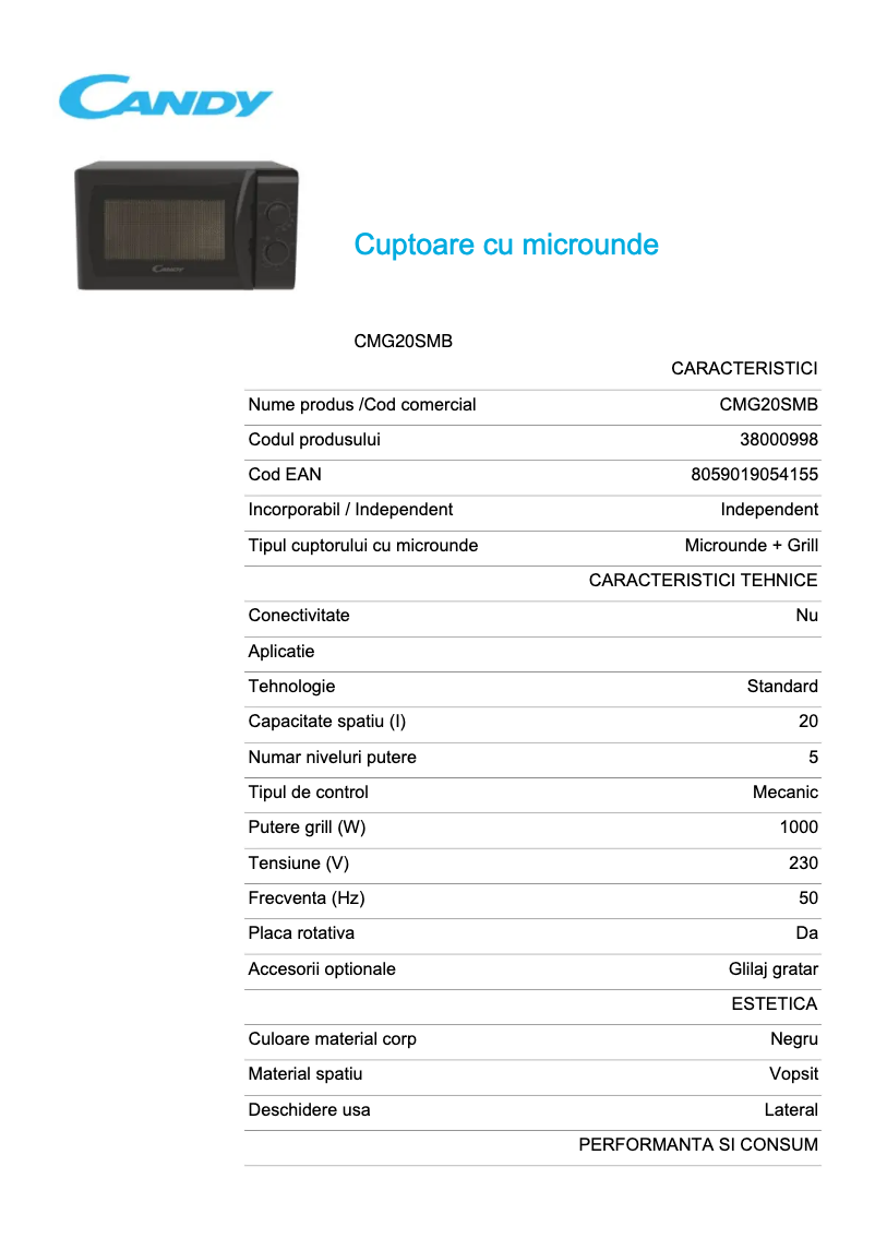 Page 1 de la notice Fiche technique Candy CMG20SMB