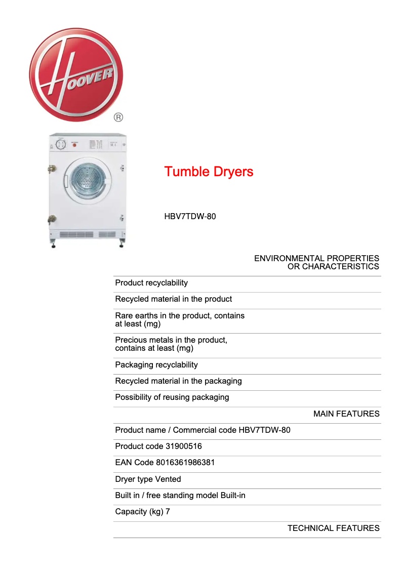 Image de la première page du manuel de l'appareil HBV7TDW-80