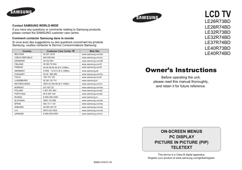 Page 1 de la notice Manuel utilisateur Samsung LE40R73BD