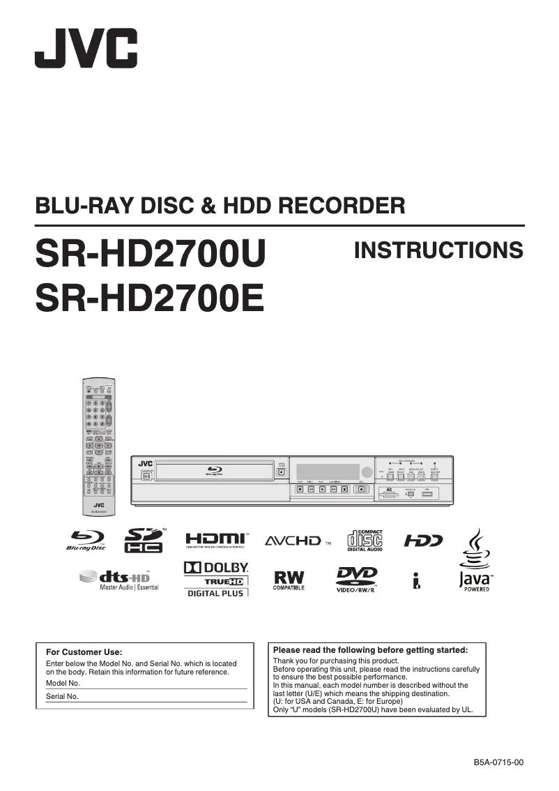 Page n°1 - Manuel utilisateur JVC SR-HD2700US