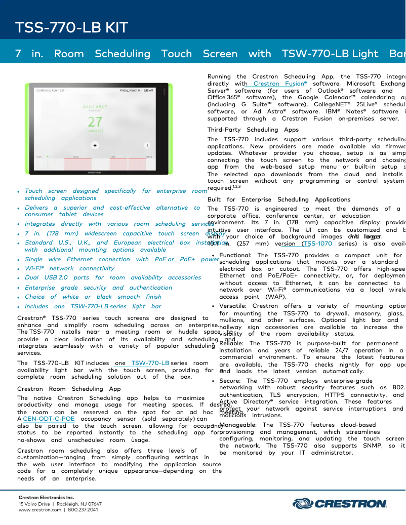 Page 1 de la notice Fiche technique Crestron TSS-770-B-S-LB KIT