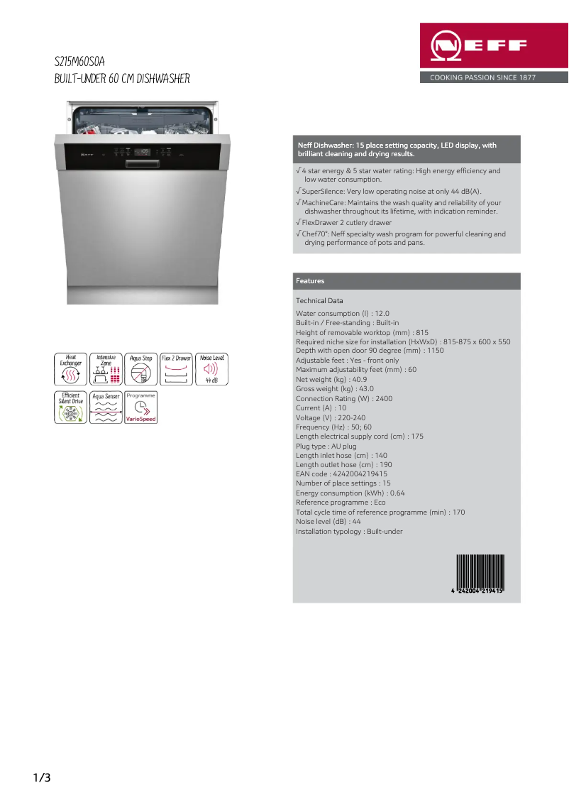 Page 1 de la notice Fiche technique Neff S215M60S0A