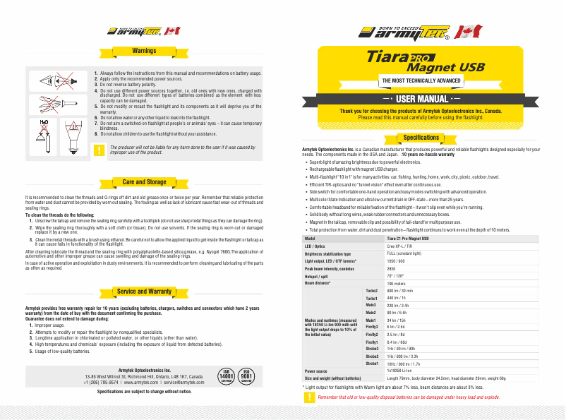 Page 1 de la notice Manuel utilisateur ArmyTek Tiara C1 Pro
