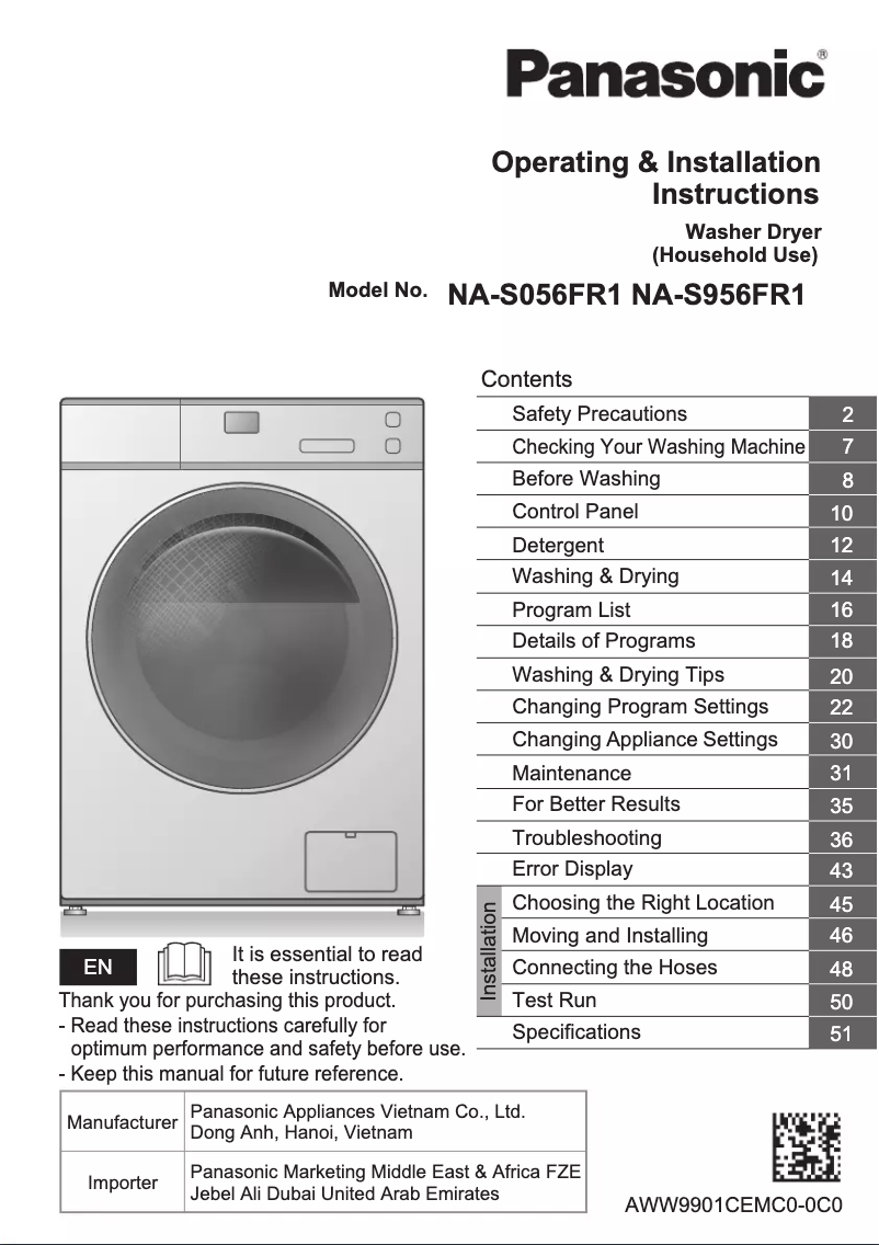 Page 1 de la notice Manuel utilisateur Panasonic NA-S956FR1