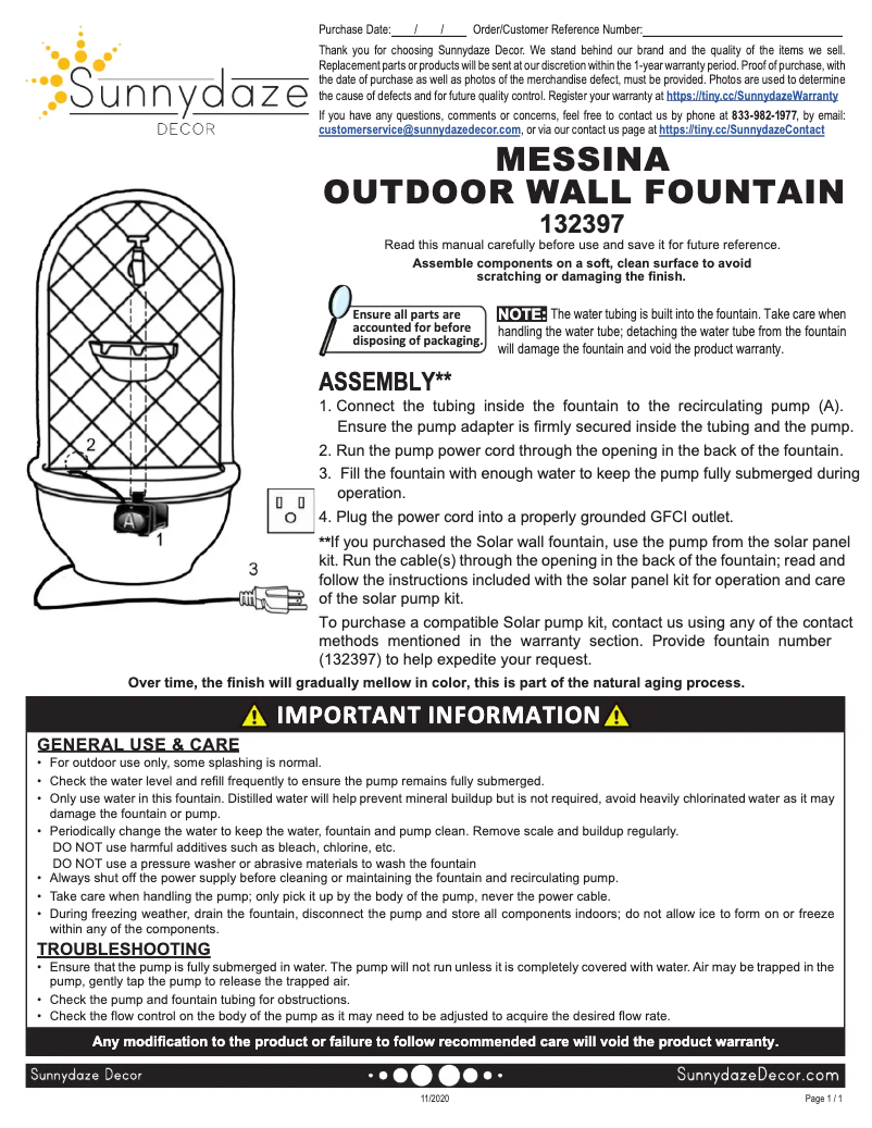 Page 1 de la notice Manuel utilisateur Sunnydaze Decor 132397