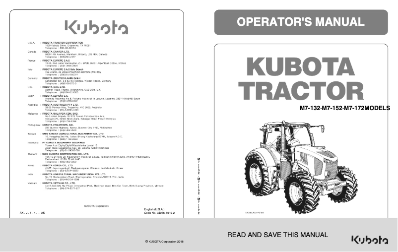 Page 1 de la notice Manuel utilisateur Kubota M7-132P-KVT