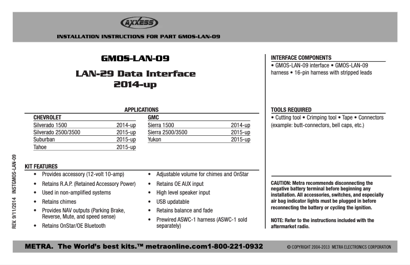 Page 1 de la notice Manuel utilisateur Axxess GMOS-LAN-09
