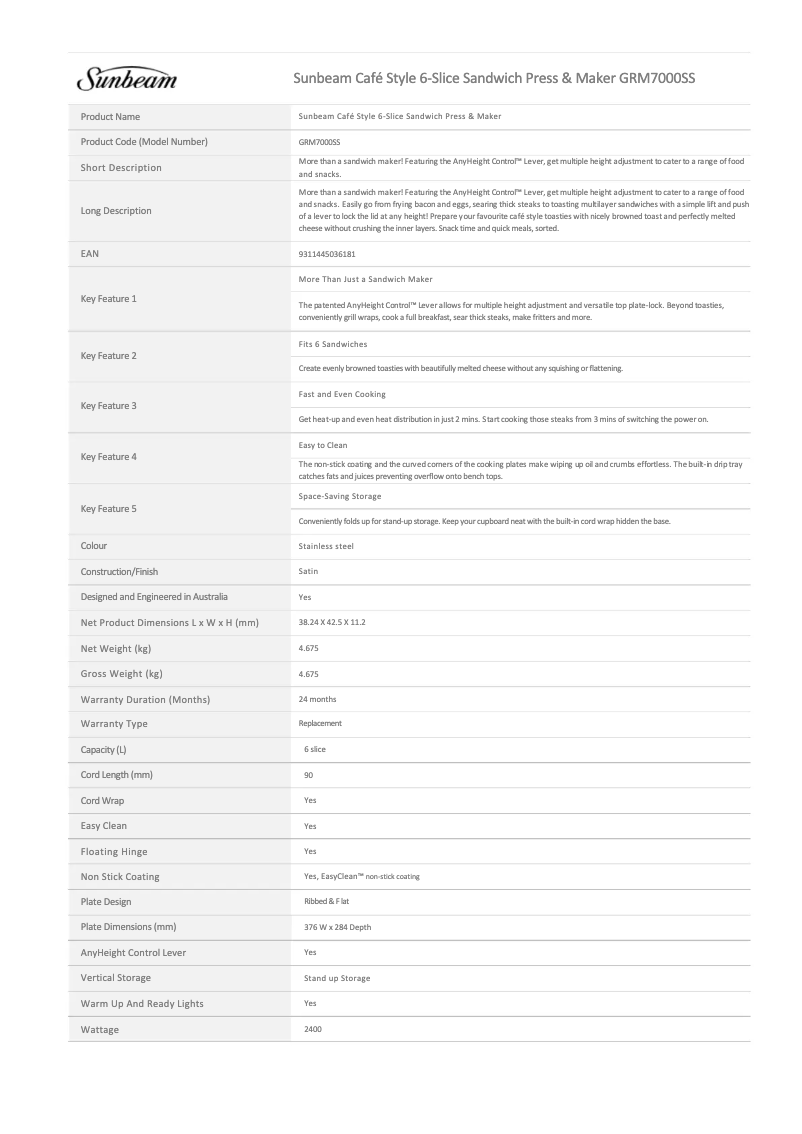 Page 1 de la notice Fiche technique Sunbeam Cafe Style GRM7000SS