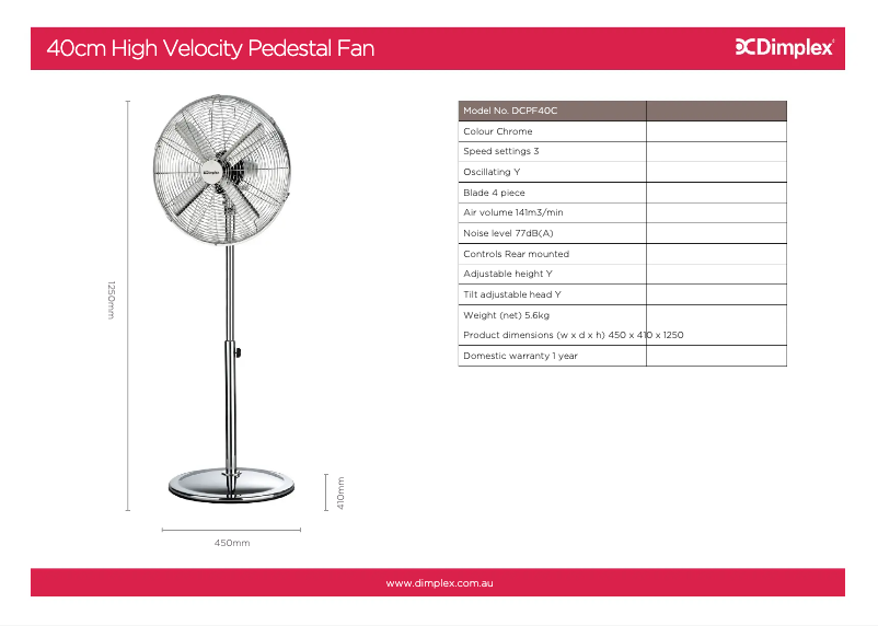 Página 1 del manual Ficha técnica Dimplex DCPF40C