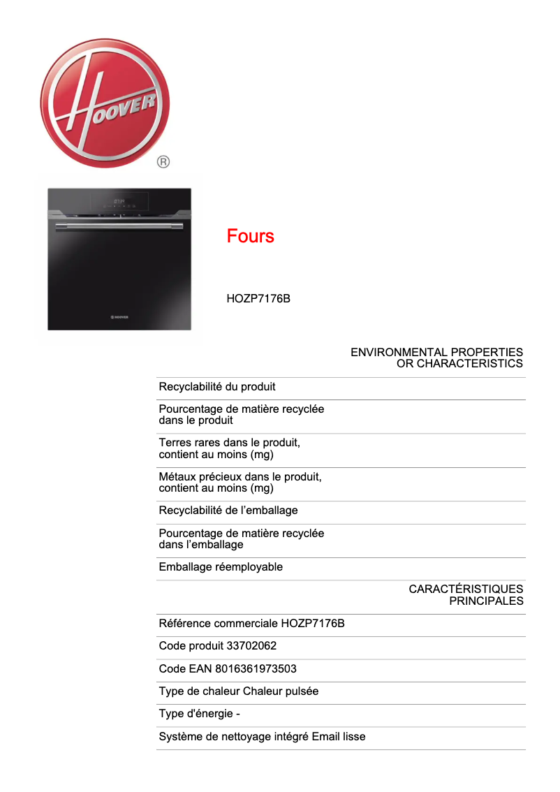Page n°1 - Fiche technique Hoover H-OVEN 700 PLUS HOZP7176B