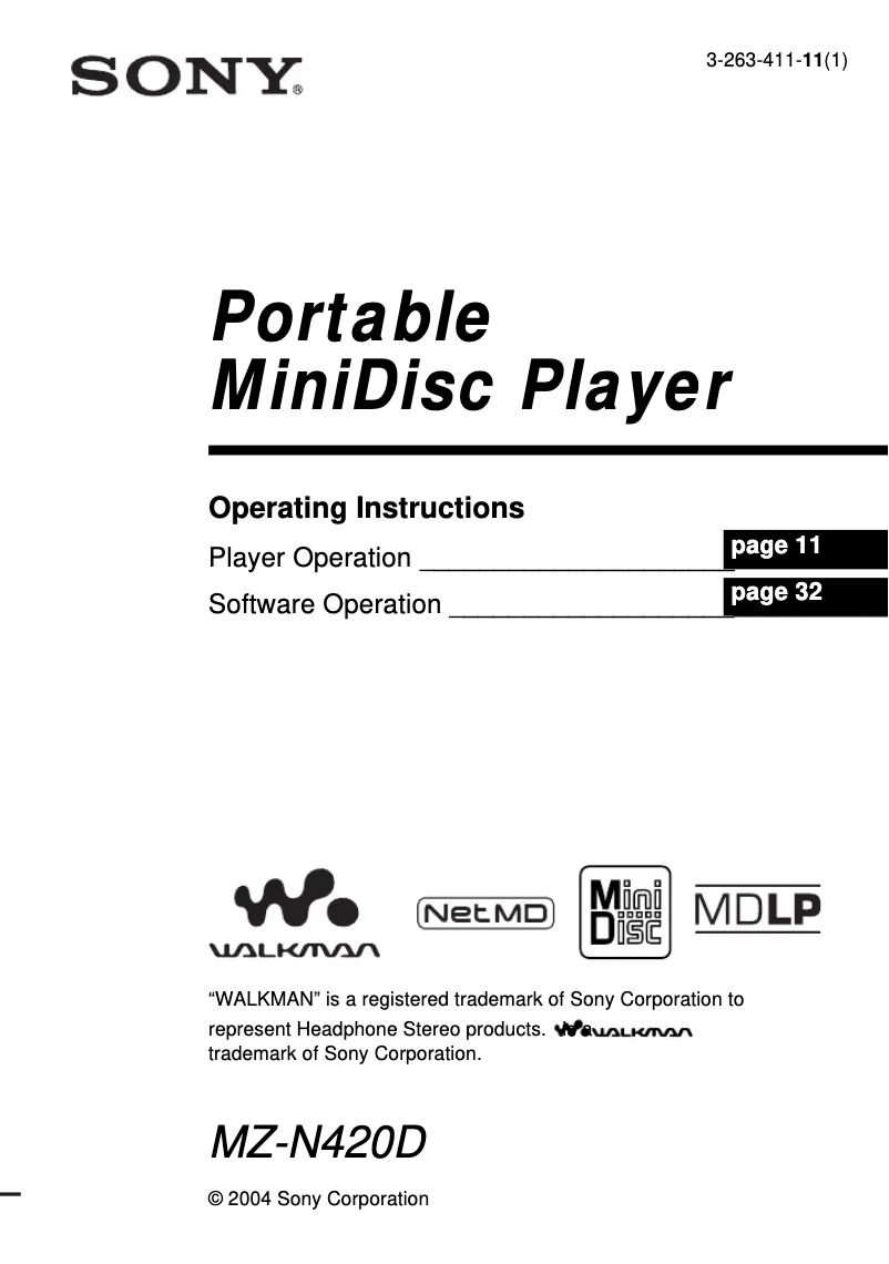 Image de la première page du manuel de l'appareil Walkman MZ-N420D