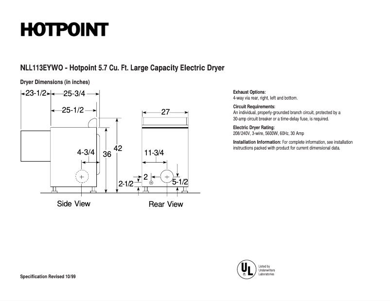 Page 1 de la notice Fiche technique Hotpoint NLL113EYWO