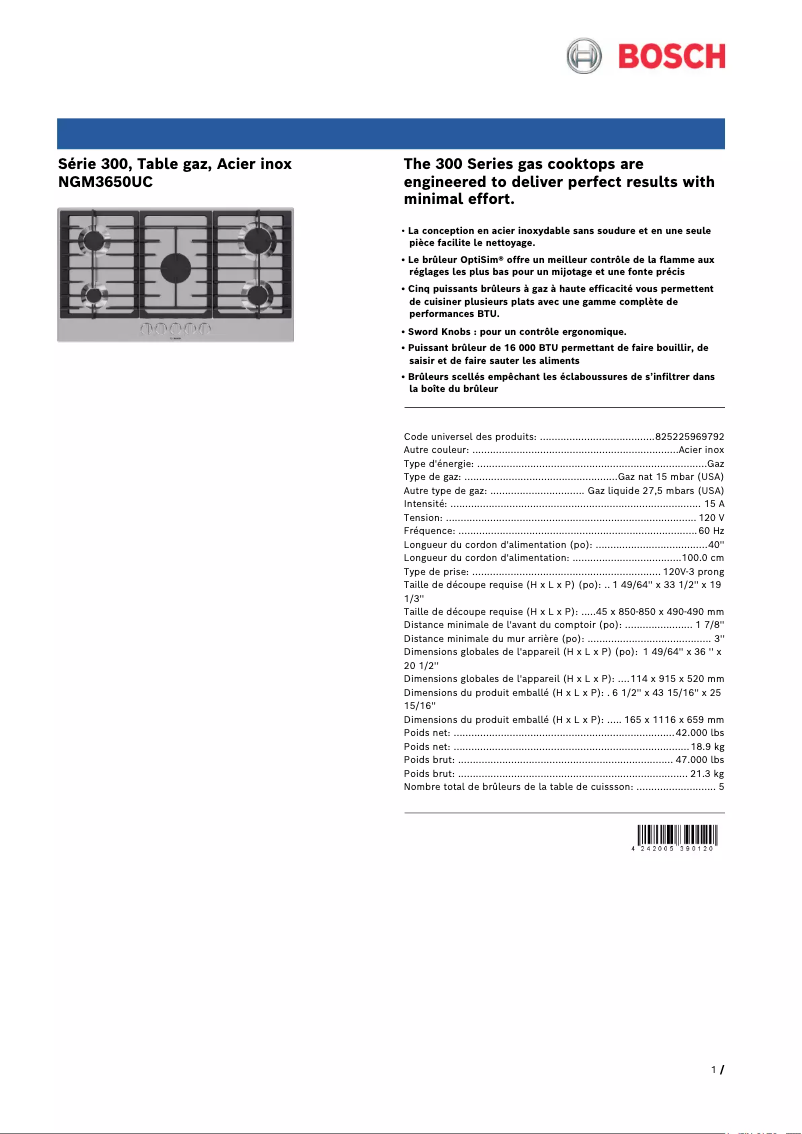 Page 1 de la notice Fiche technique Bosch NGM3650UC