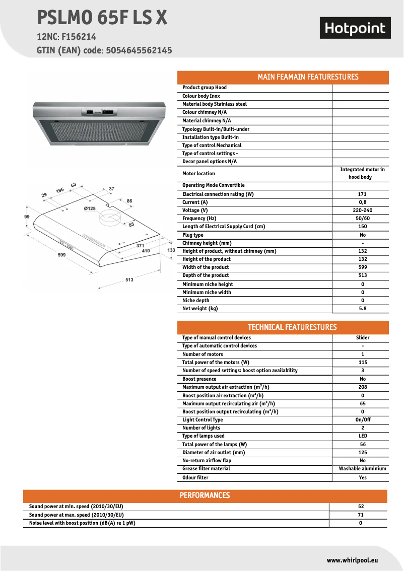 Page 1 de la notice Fiche technique Hotpoint PSLMO 65F LS X