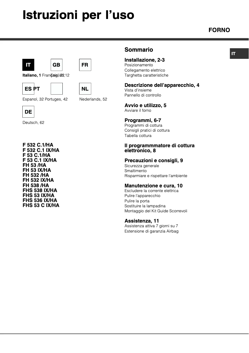 Page 1 de la notice Manuel utilisateur Hotpoint Ariston F 532 C.1 IX /HA