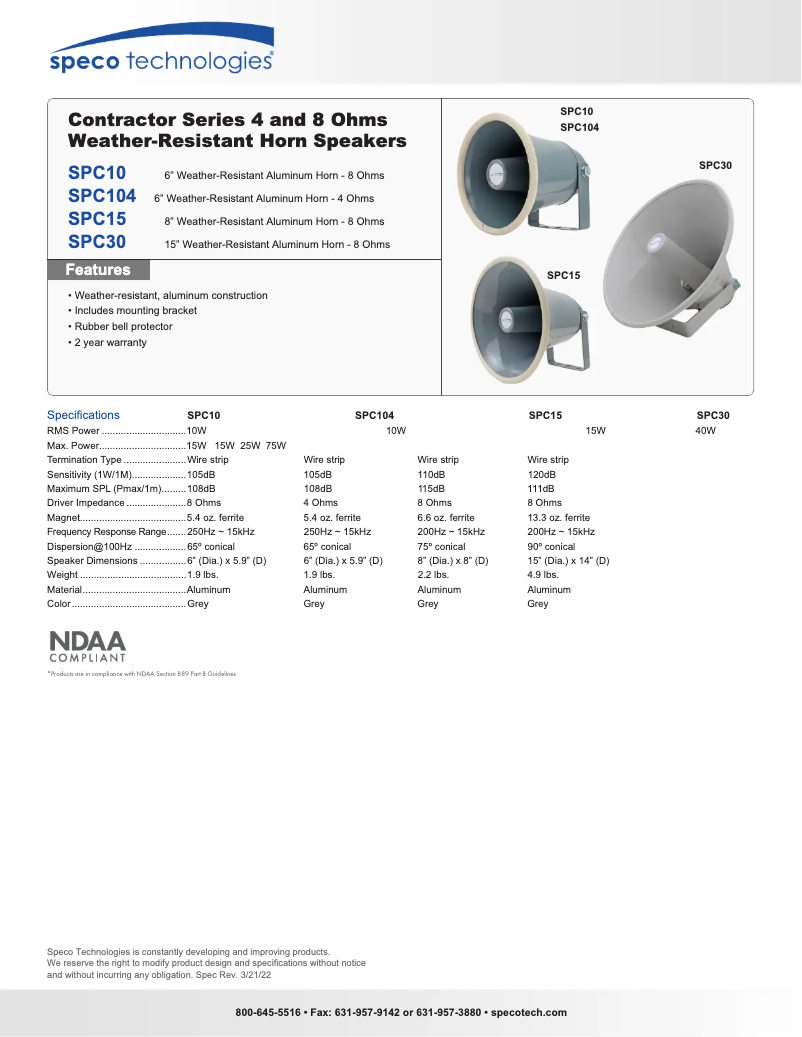 Page 1 de la notice Fiche technique Speco Technologies SPC15