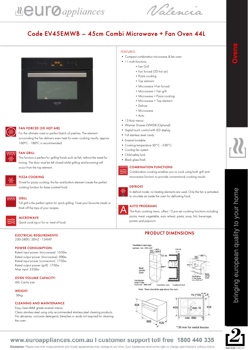 Page 1 de la notice Fiche technique Euro Appliances EV45EMWB