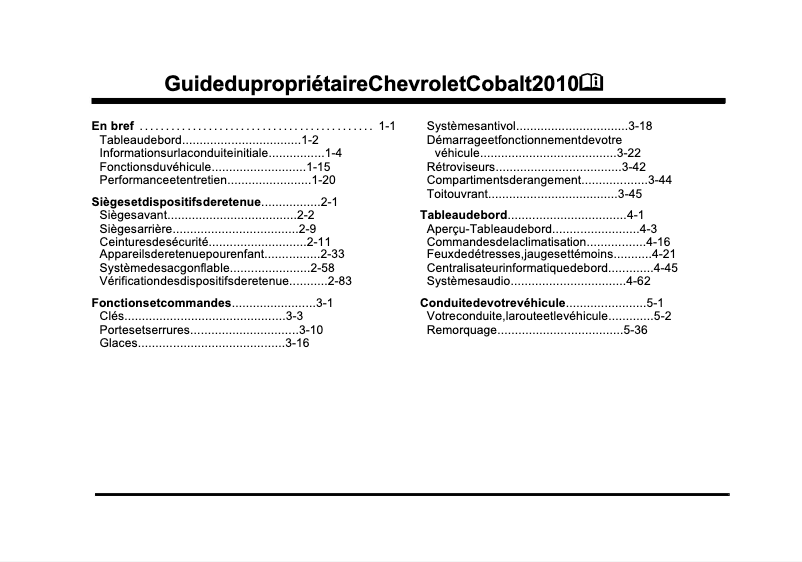 Page 1 de la notice Manuel utilisateur Chevrolet Cobalt (2010)