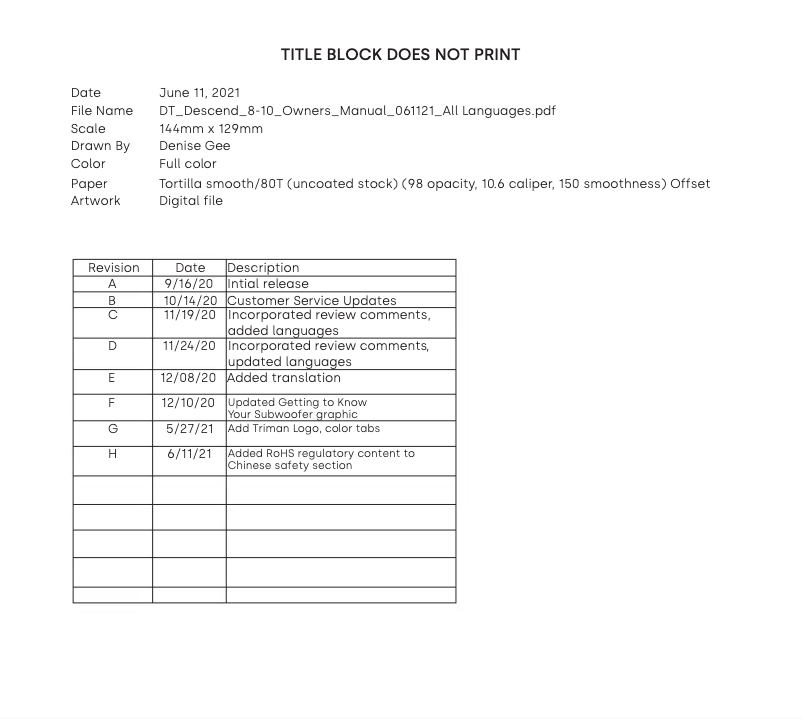 Page 1 de la notice Manuel utilisateur Definitive Technology Descend DNSUB10