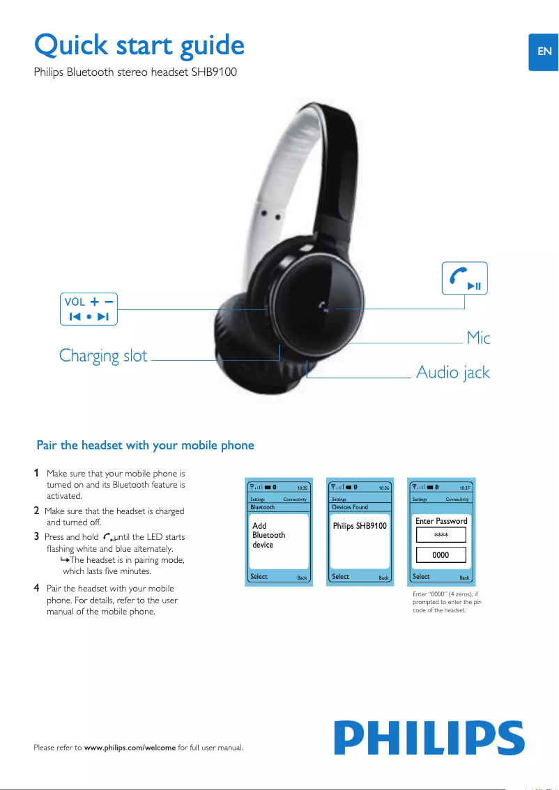 Page n°1 - Guide de démarrage rapide Philips SHB9100