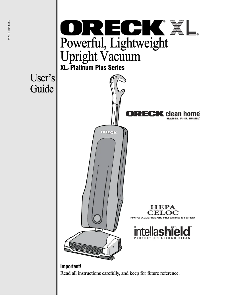 Page n°1 - Manuel utilisateur Oreck Platinum Pilot U7200ECB
